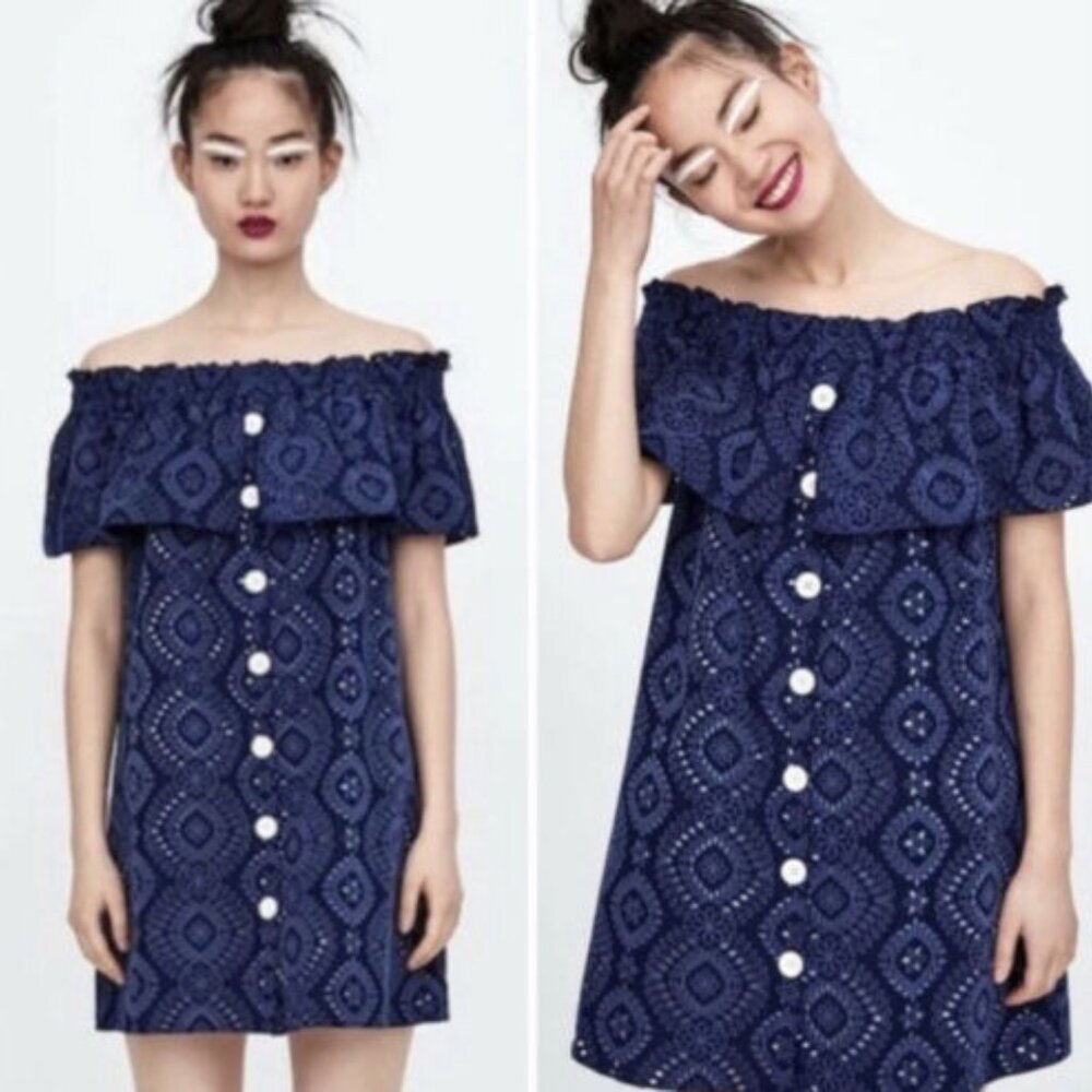 Women's Zara Basic blue eyelet off shoulder mini dress size S EUC